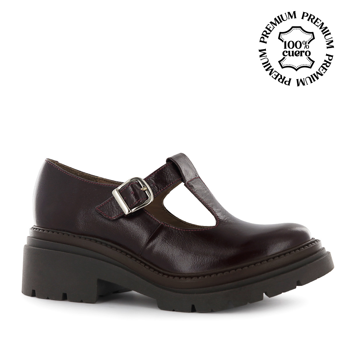 ZAPATOS T-STRAP MUJER CAMILLE04 GUINDA CUERO - 1