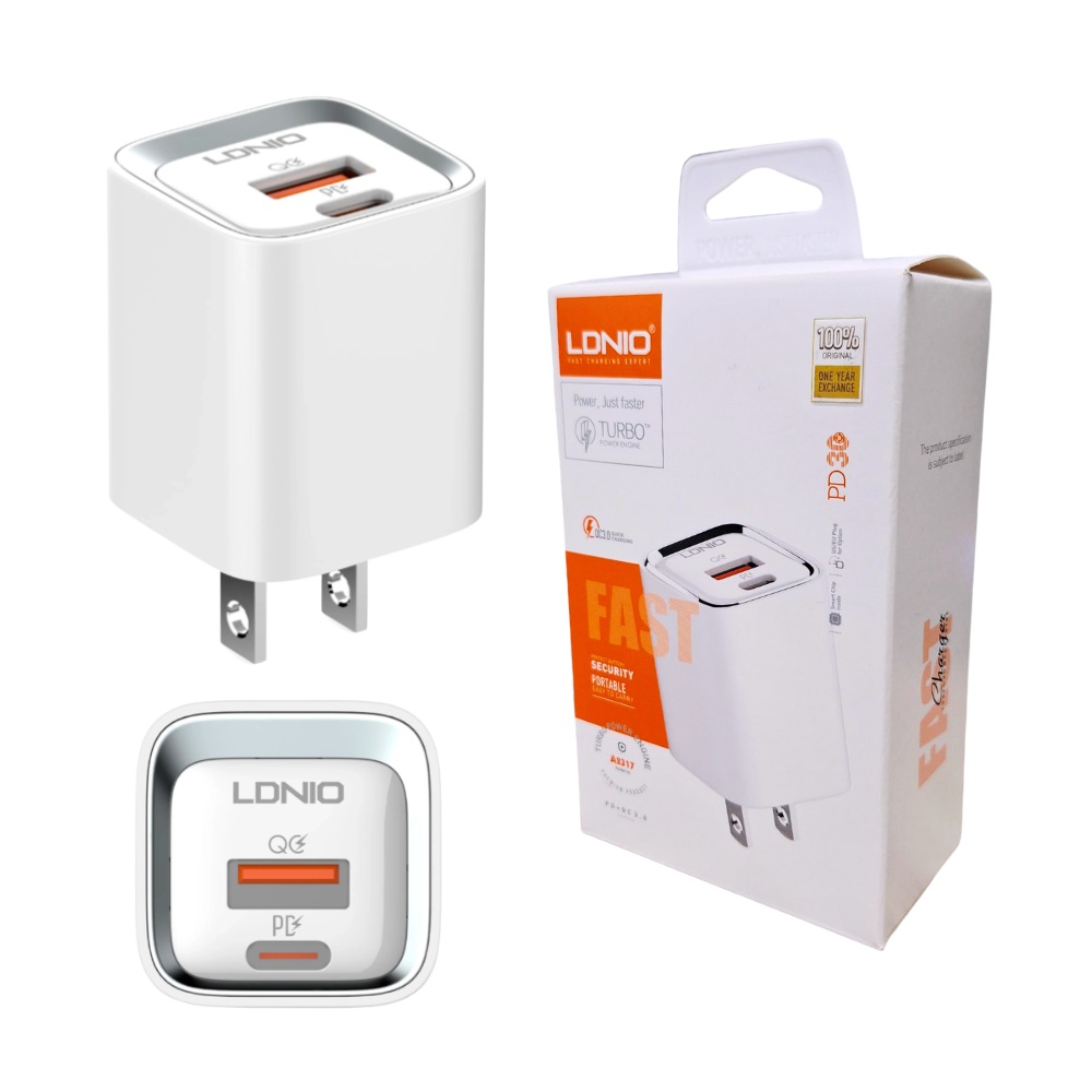 CUBO CARGADOR DE DOBLE ENTRADA USB QC3.0 Y TIPO C PD 30W LDNIO A2317 - 1