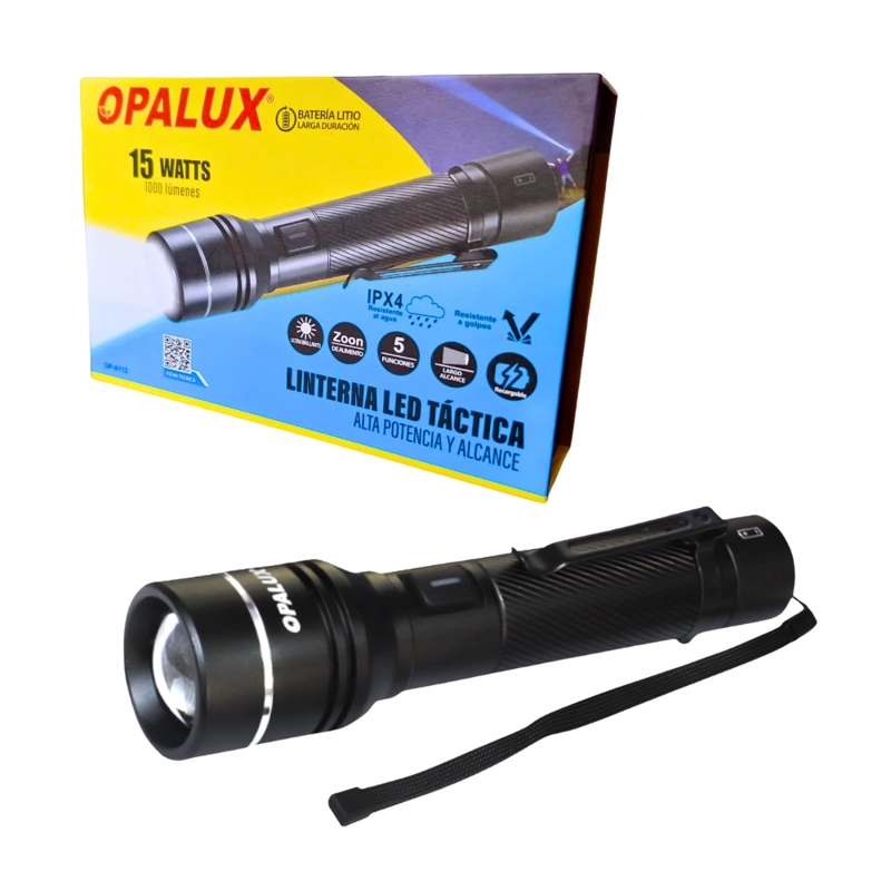 LINTERNA TACTICA DE MANO 15W 1000LM IPX4 5 FUNCIONES OPALUX OP-8112 - 1