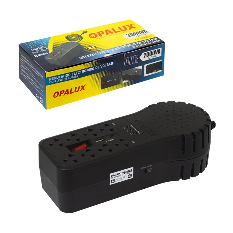 ESTABILIZADOR DE VOLTAJE 1200W 8 TOMAS CON ENTRADA USB Y TIPO C OPALUX OP-8R2000V - 1