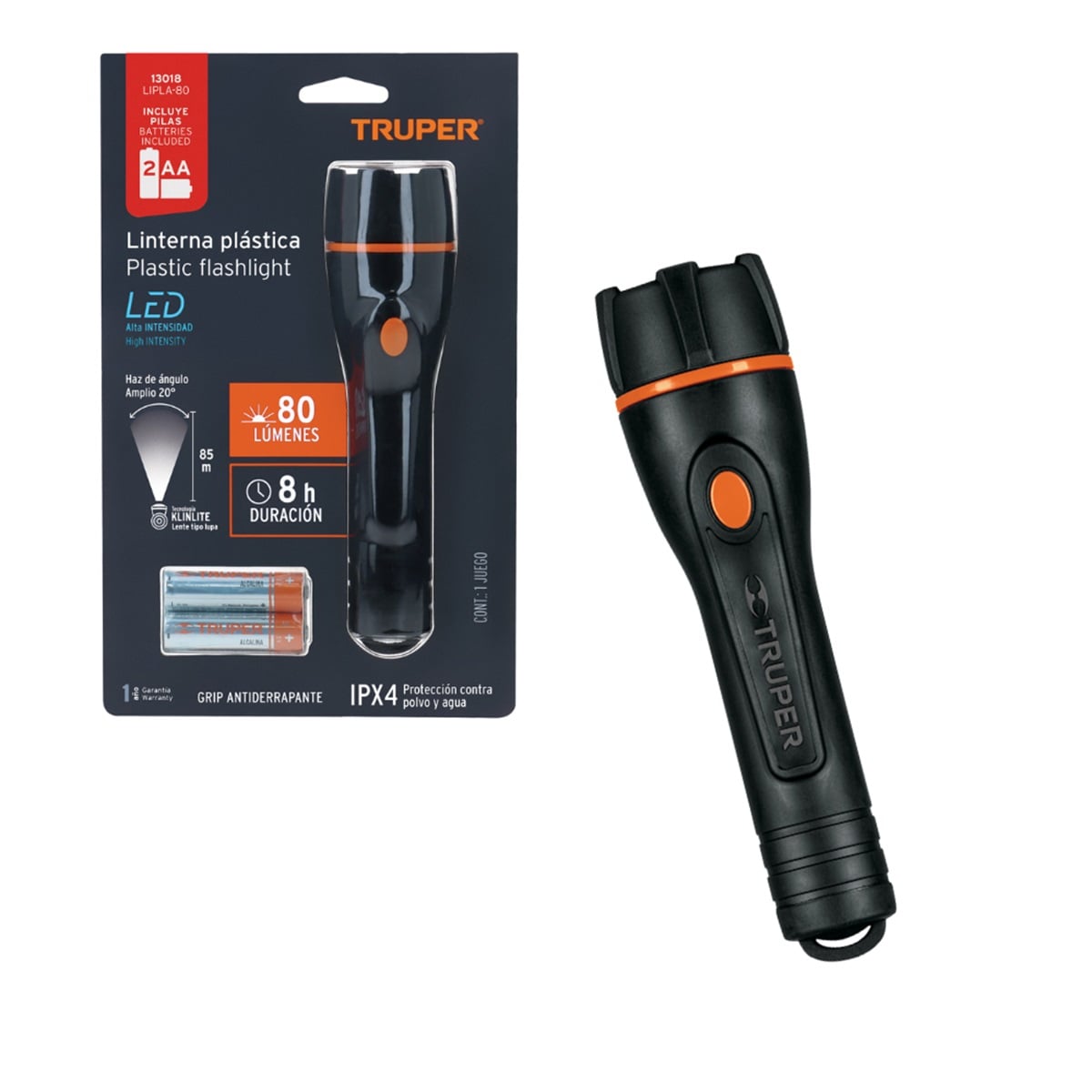 LINTERNA PLASTICA DE MANO 1 LED 80 LM CON 2 PILAS AA TRUPER LIPLA-80 - 1