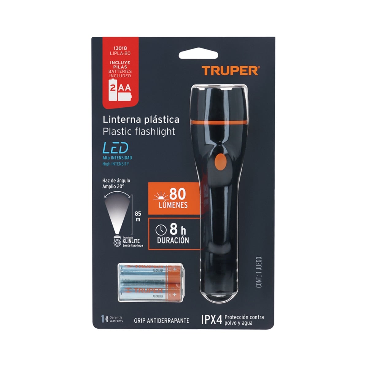 LINTERNA PLASTICA DE MANO 1 LED 80 LM CON 2 PILAS AA TRUPER LIPLA-80 - 2