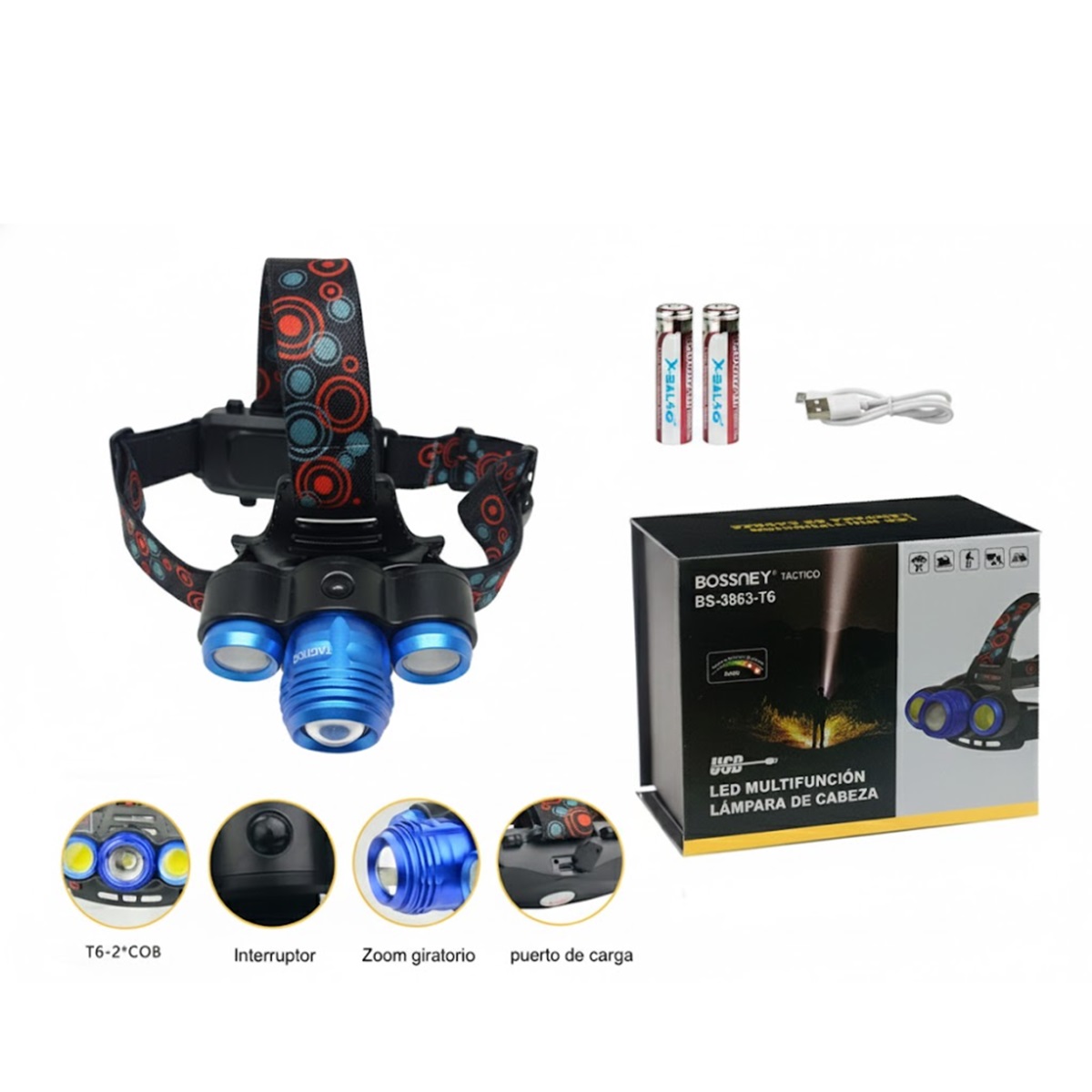LINTERNA FRONTAL BOSSNEY RECARGABLE BS3863-T6 AZUL - 1
