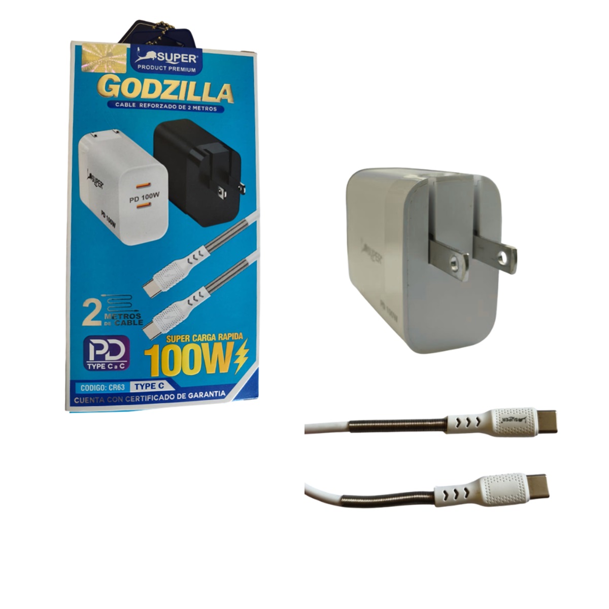 CARGADOR GODZILLA 100W Y CABLE 2MT TIPO C A C GODZILLA CR63 - 1