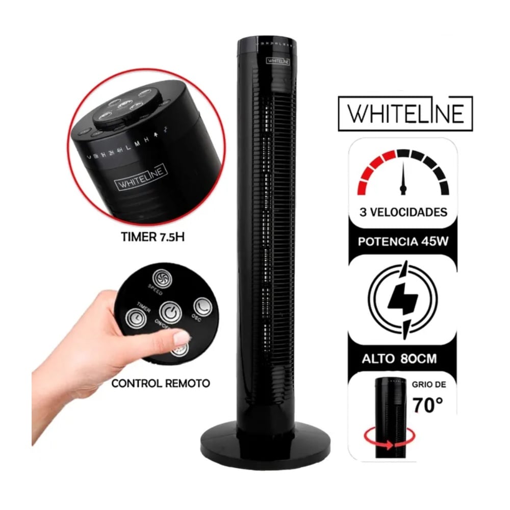 VENTILADOR DE TORRE GIRATORIO SILENCIOSO 3 VELOCIDADES 45W DE 70″ 220V WHITELINE - 2