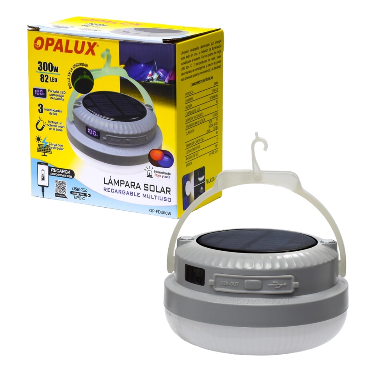 LAMPARA PORTATIL COLGANTE SOLAR RECARGABLE 300W 82 LED POWER BANK OP-FD300W - 1