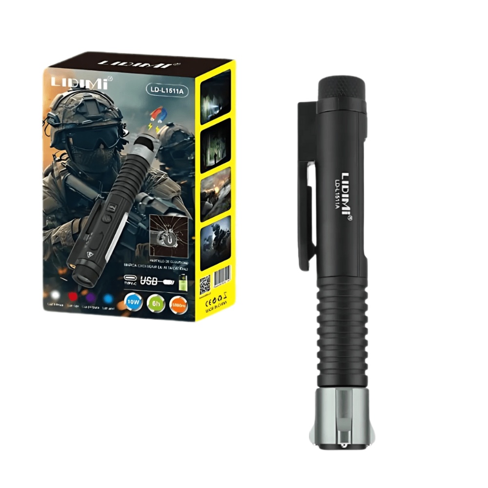 LINTERNA DE MANO CON PUNTERO LASER PURPURA Y DE EMERGENCIA 10 W 1000M IMAN Y ROMPE VIDRIO LIDIMI LD-L1511A - 1