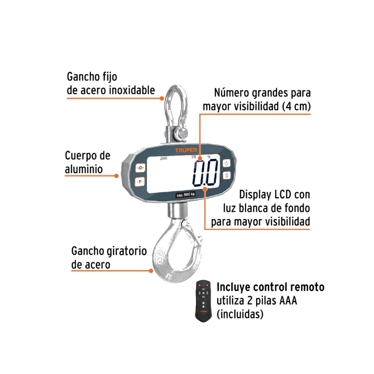 BALANZA BASCULA ELECTRONICA COLGANTE RECARGABLE 500KG CON PANTALLA DIGITAL Y GANCHO DE ACERO TRUPER BASE-500C - 2