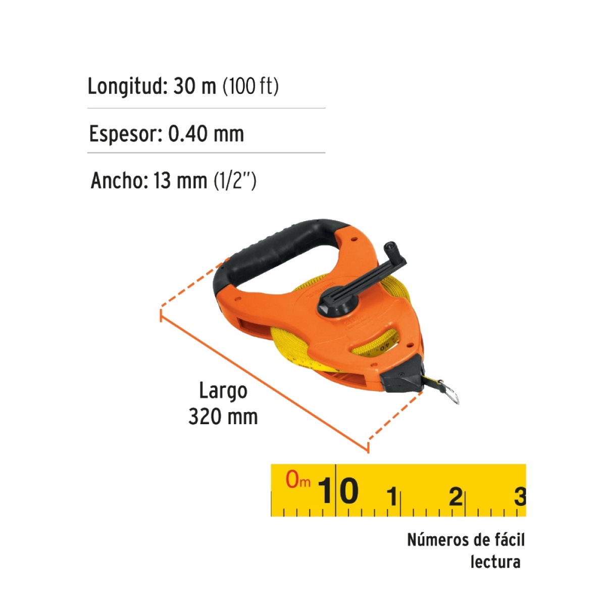 CINTA METRICA LARGA 30 METROS FIBRA DE VIDRIO TIPO CRUCETA PARA CONSTRUCCION, TOPOGRAFIA Y MEDICION PROFESIONAL TRUPER TFC-30ME - 2