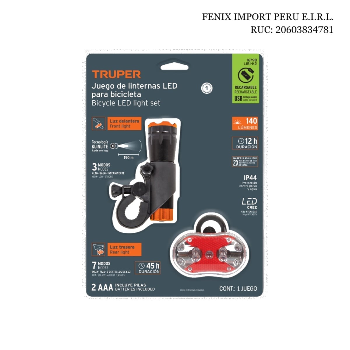 KIT JUEGO DE LUCES LINTERNA DELANTERA Y TRASERA PARA BICICLETA TRUPER RECARGABLES PARA CICLISMO Y SEGURIDAD VIAL LIBI-K2 LED - 1