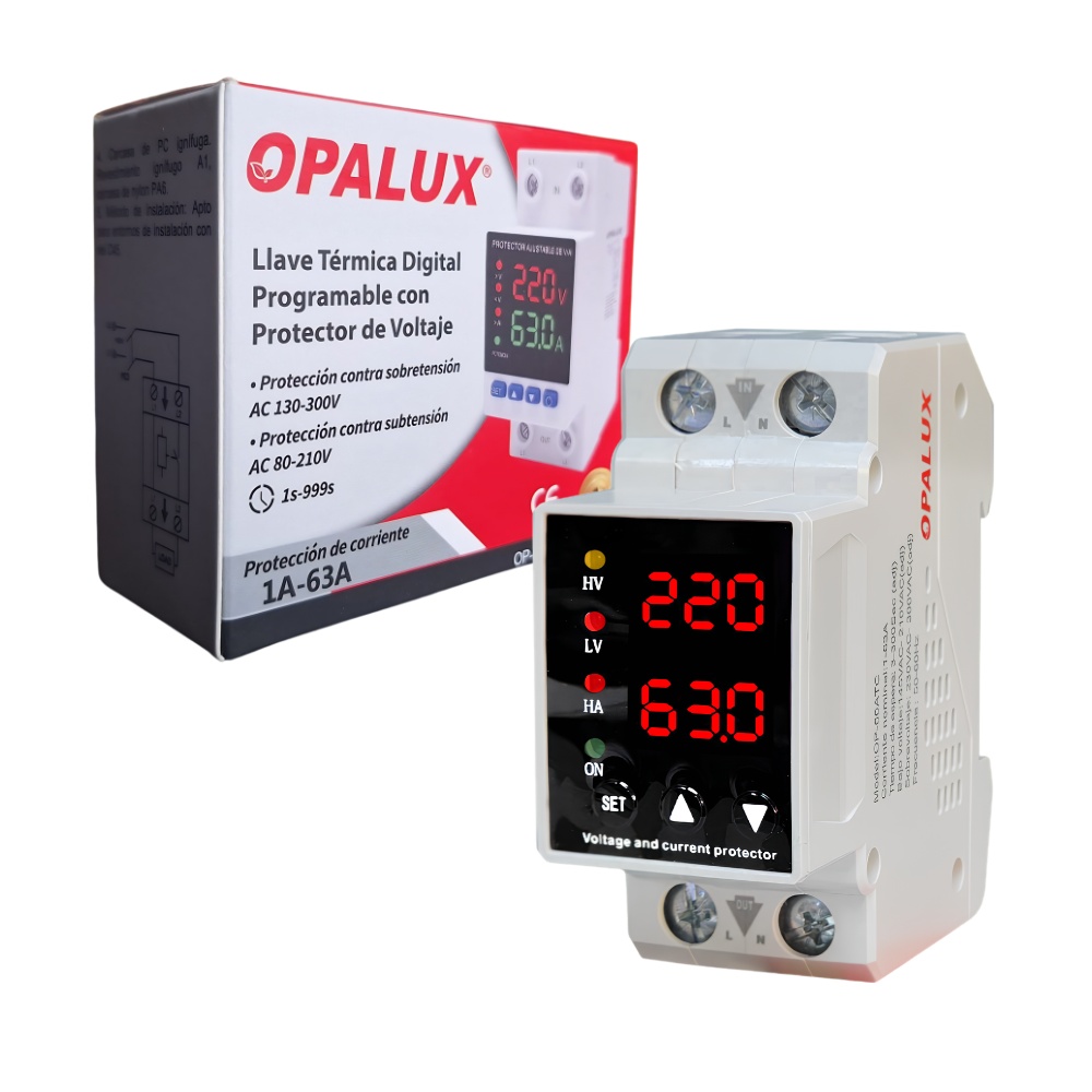 LLAVE PROTECTOR DE VOLTAJE AJUSTABLE 63A PARA RIEL DIN CON PANTALLA DIGITAL Y PROTECCION POR SOBRE/SUBTENSION OPALUX OP-63ATC - 1