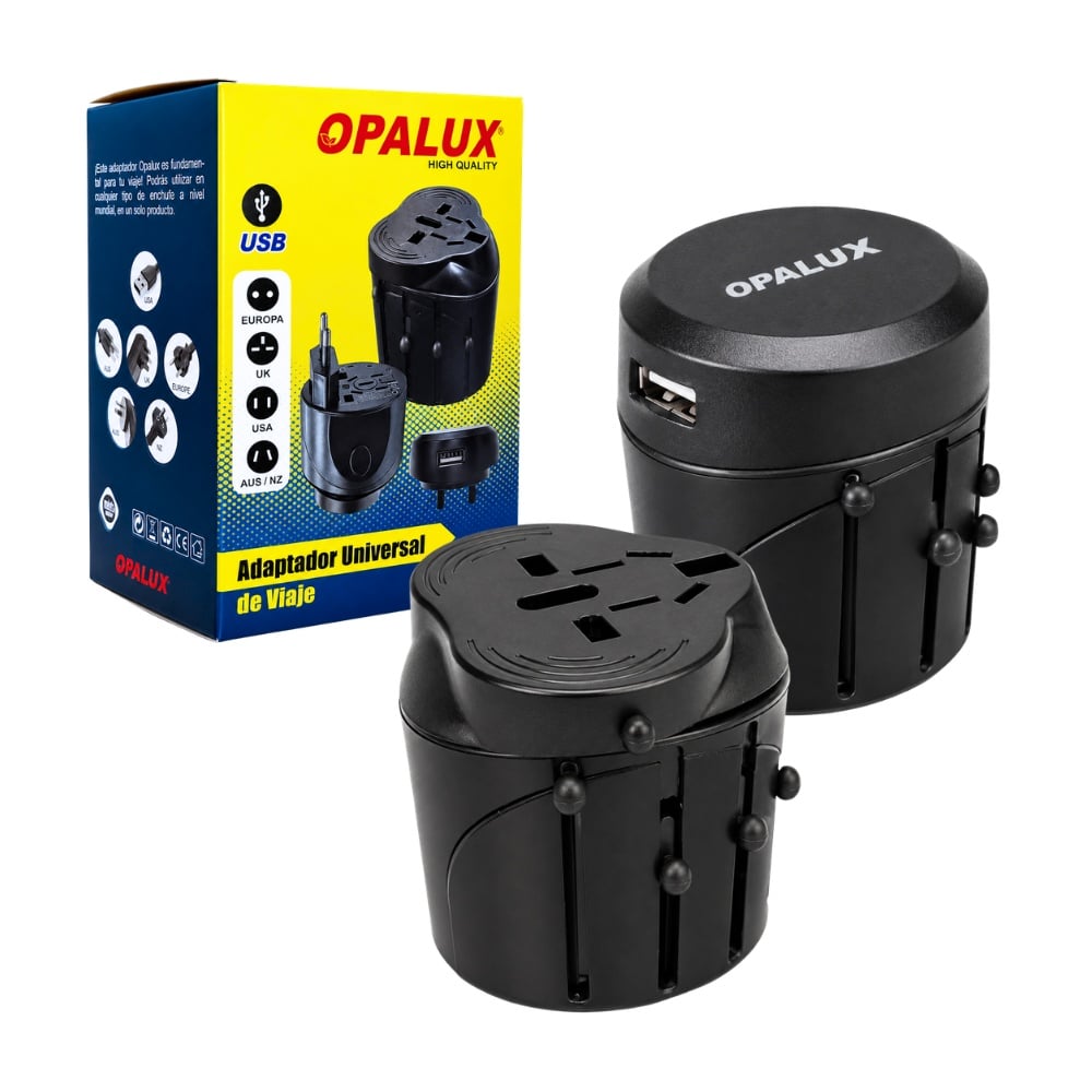 ADAPTADOR UNIVERSAL DE VIAJE CON PUERTO USB INTEGRADO COMPATIBLE CON ENCHUFES INTERNACIONALES OPALUX OP-UT99 - 1