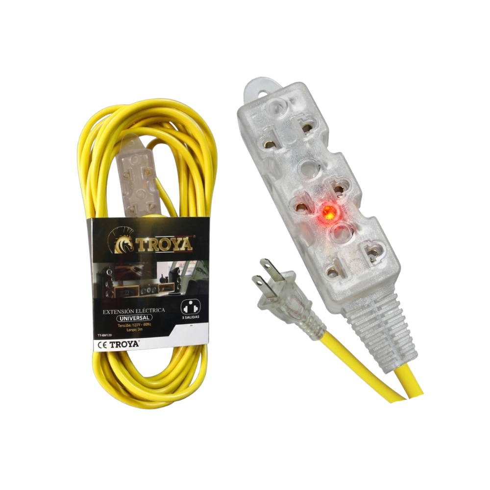 EXTENSION UNIVERSAL DE 3 TOMAS 10 METROS CON LUZ NEON INDICADORA Y TOMA A CORRIENTE BIPOLAR PLANO TROYA TY10M120 - 1