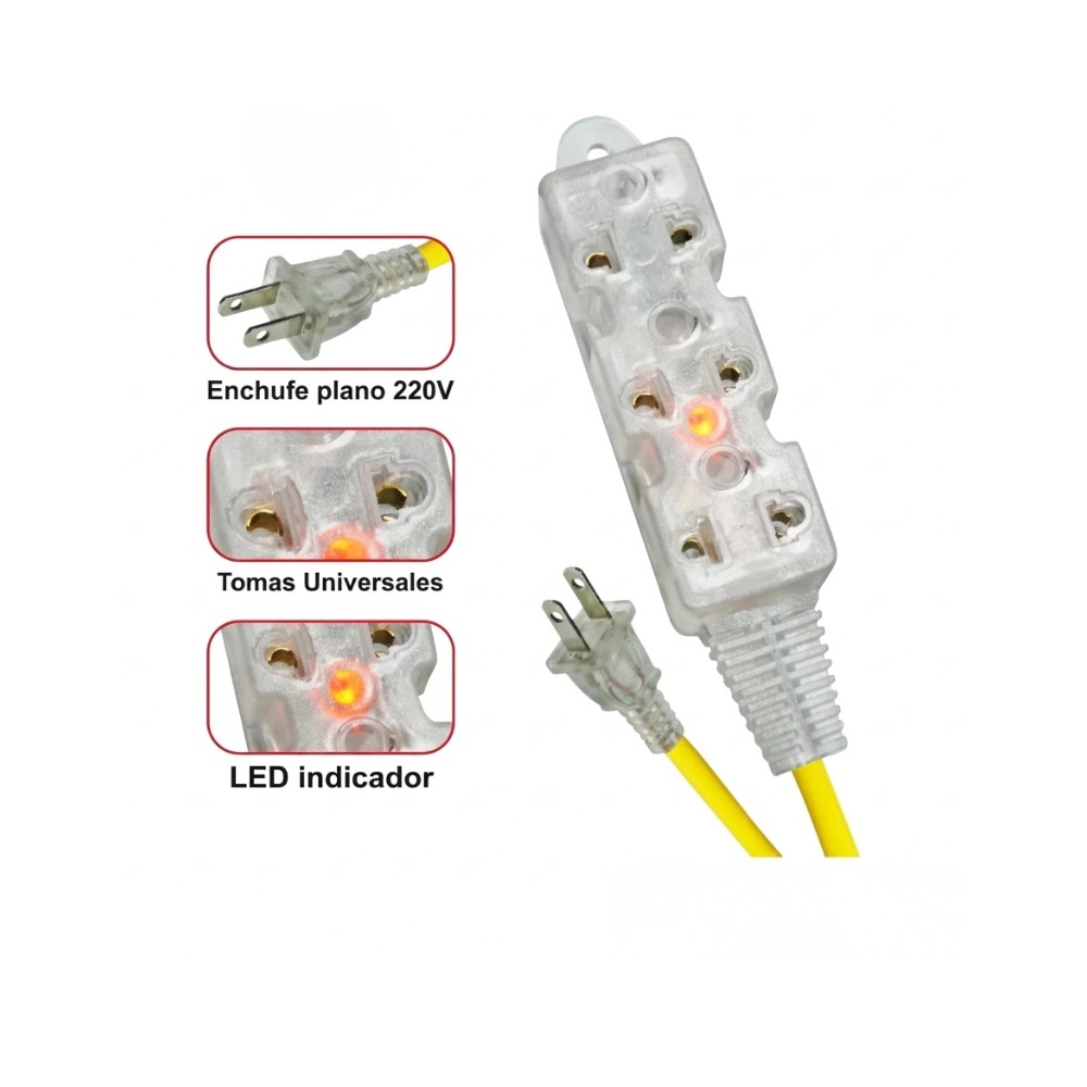 EXTENSION UNIVERSAL DE 3 TOMAS 10 METROS CON LUZ NEON INDICADORA Y TOMA A CORRIENTE BIPOLAR PLANO TROYA TY10M120 - 2