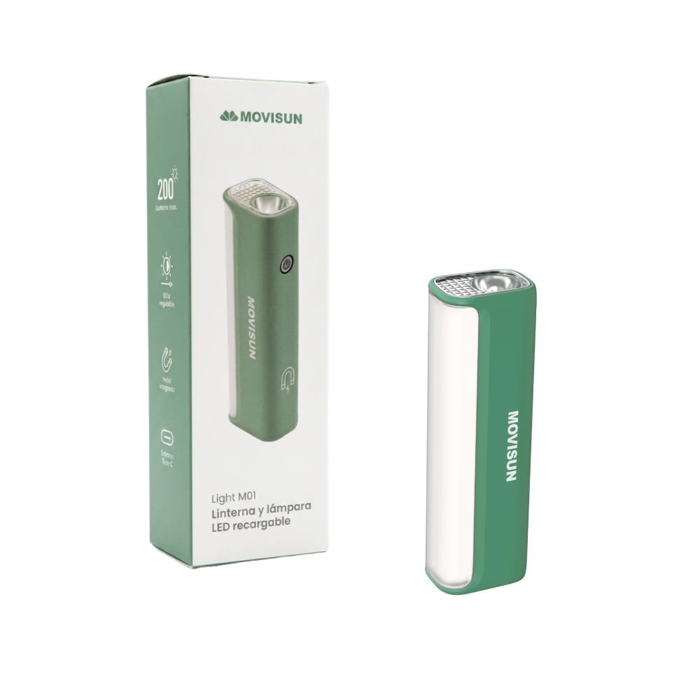 LINTERNA Y LAMPARA LED RECARGABLE CON BASE MAGNETICA LUZ REGULABLE USB TIPO C MOVISUN LIGHT M01 VERDE - 1