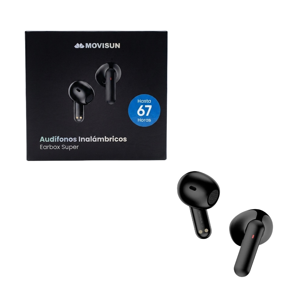 AUDIFONOS INALAMBRICOS BLUETOOTH EARBOX SUPER 67 HORAS DE AUTOMONIA PANTALLA LED MODO JUEGO Y POWER BANK MOVISUN - 1