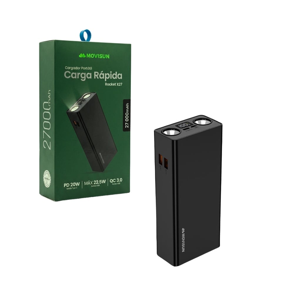 POWER BANK DE 27 000 MAH CON CARGA RAPIDA PD 22.5W PANTALLA DIGITAL LED Y MULTIPUERTOS USB MOVISUN ROCKET X27 - 1