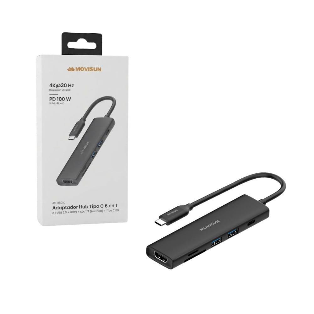 ADAPTADOR HUB TIPO C 6 EN 1 CON HDMI 4K PD 100W 2 USB 3.0 SD/TF COMPATIBLE LAPTOP MACBOOK TABLET CELULARES MOVISUN H601C - 1