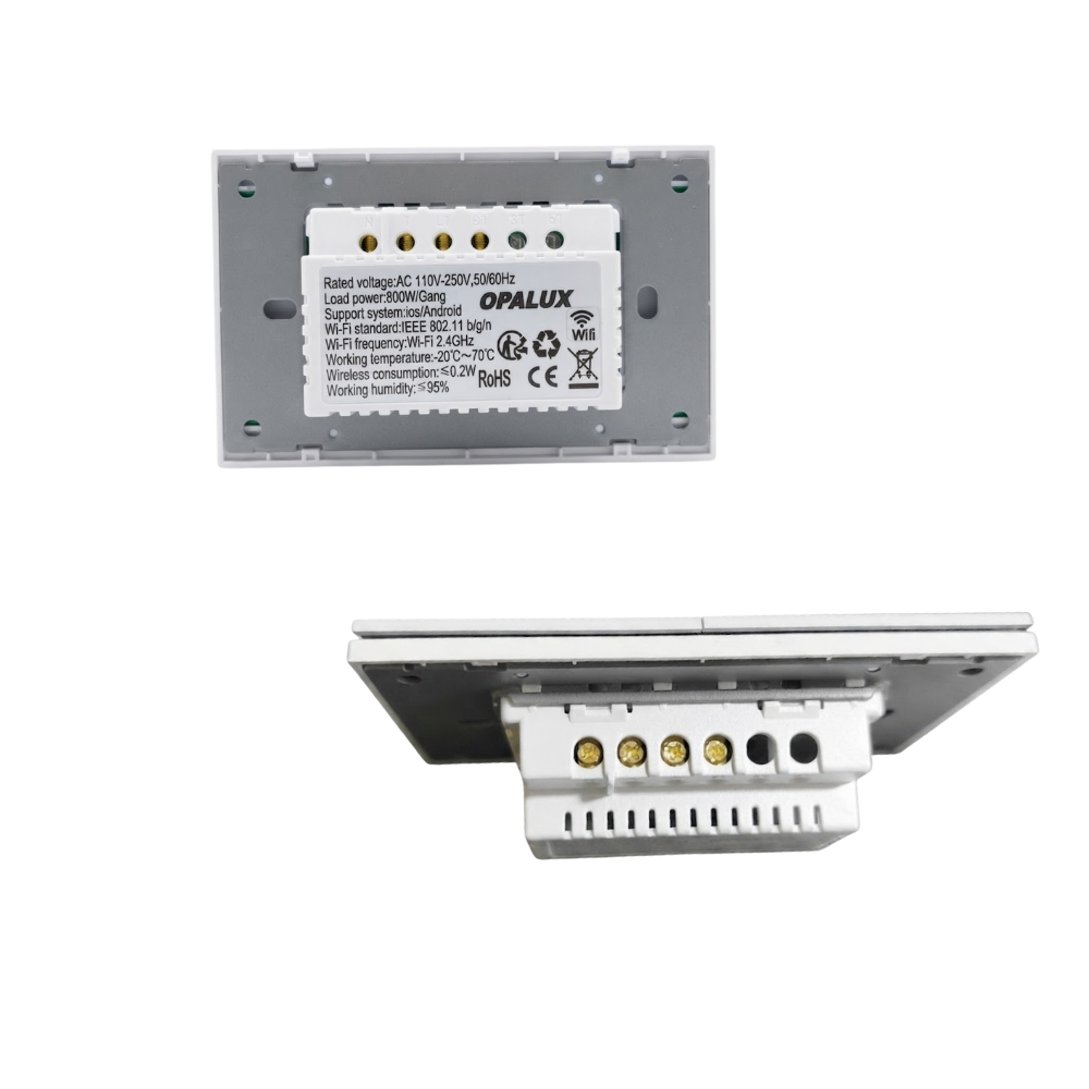 INTERRUPTOR INTELIGENTE TACTIL WIFI DOBLE BLANCO COMPATIBLE CON ALEXA, GOOGLE ASSISTANT, SIRI Y APP SMART LIFE OPALUX OP-AM02BL - 2