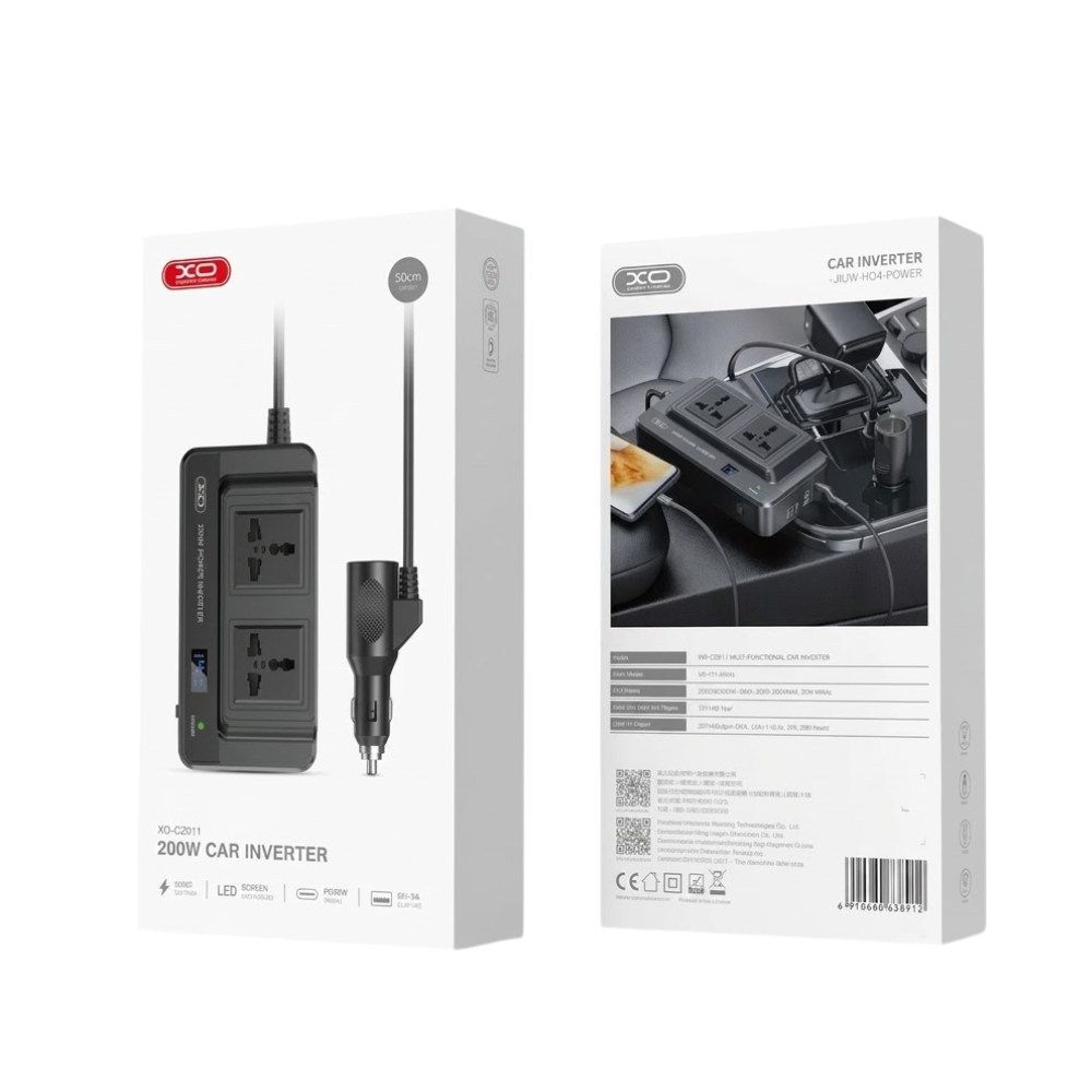 INVERSOR DE CORRIENTE PARA CIGARRERA 200W PARA AUTO CON 2 TOMAS AC, 2 PUERTOS USB Y USB-C
XO-CZ011 - 1