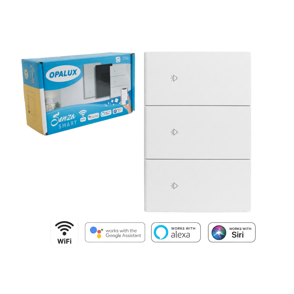 INTERRUPTOR INTELIGENTE TACTIL WIFI TRIPLE BLANCO COMPATIBLE CON ALEXA, GOOGLE ASSISTANT, SIRI Y APP SMART LIFE OPALUX OP-AM03BL - 1