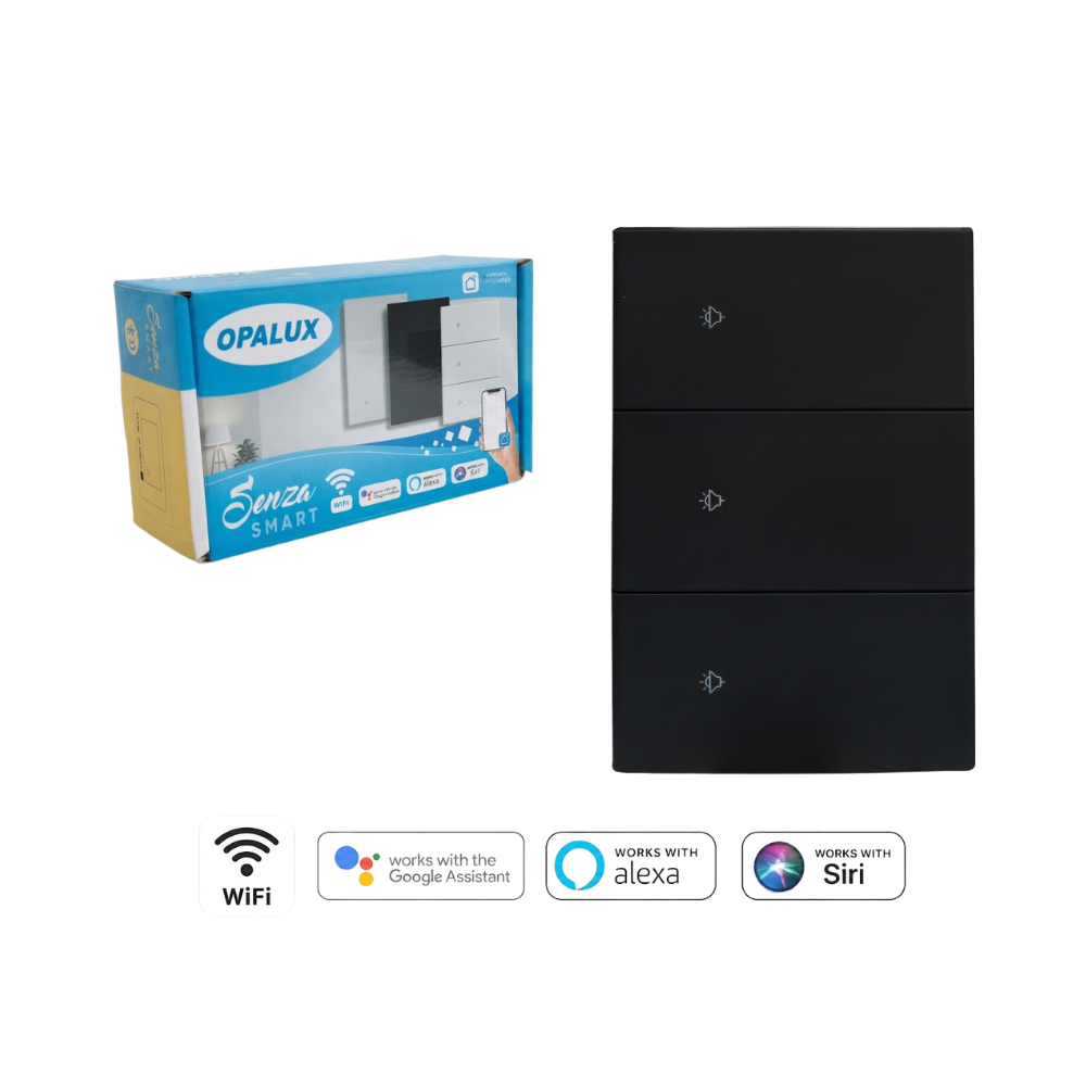 INTERRUPTOR INTELIGENTE TACTIL WIFI TRIPLE NEGRO COMPATIBLE CON ALEXA, GOOGLE ASSISTANT, SIRI Y APP SMART LIFE OPALUX OP-AM03NG - 1