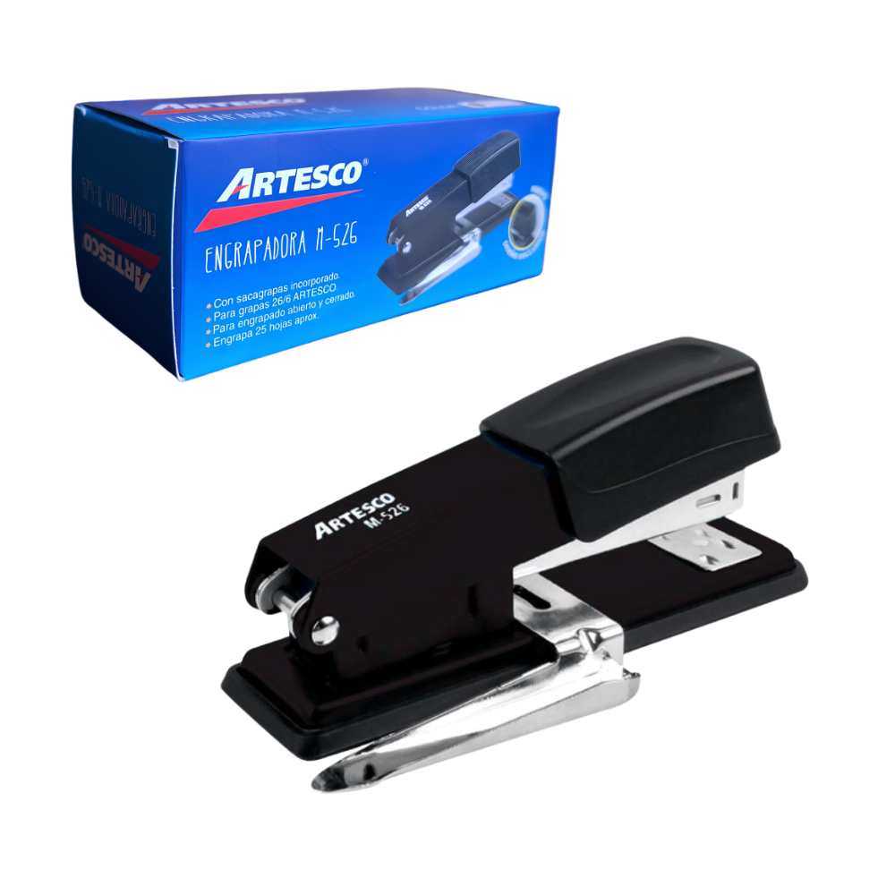 ENGRAPADOR DE OFICINA NEGRO CON SACAGRAPAS INCORPORADO PARA 25 HOJAS ENGRAPADO ABIERTO O CERRADO ARTESCO M-526 - 1