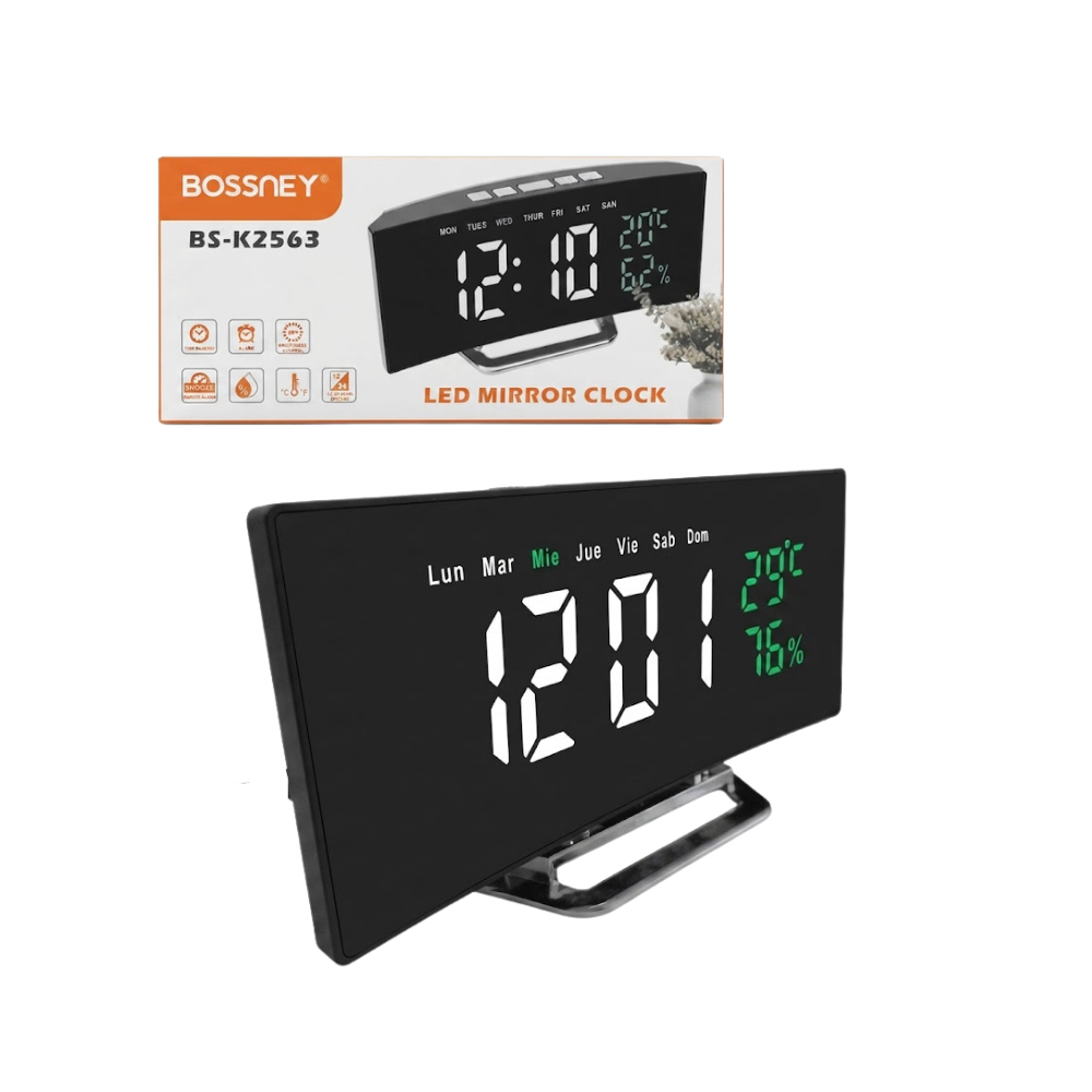 RELOJ DIGITAL PARA ESCRITORIO CON ALARMA FORMATO 12/24 HRS DÍA Y FECHA PANTALLA LCD CURVO BOSSNEY BS-K2563 - 1