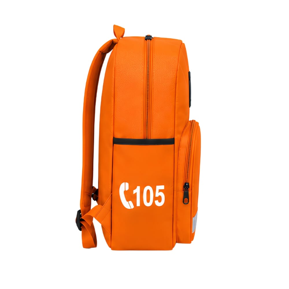 MINI MOCHILA DE EMERGENCIA CON TIRA REFLECTIVA COMPARTIMIENTO PARA NOMBRE 4 BOLSILLOS Y TIRANTES AJUSTABLES NARANJA - 2