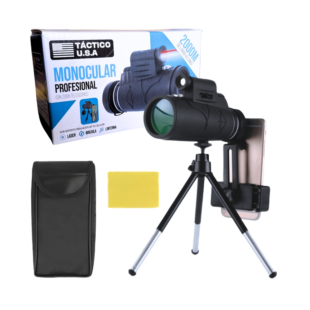 MONOCULAR PROFESIONAL 2000M CON BRUJULA LASER ROJO LINTERNA 50X60 Y SOPORTE PARA CELULAR CON TRIPODE - 1