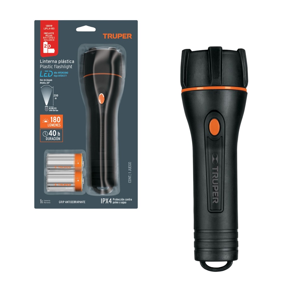 LINTERNA PLASTICA DE MANO 1 LED 180 LM 200 METROS 2 PILAS D 40 HORAS TRUPER LIPLA-180 - 1