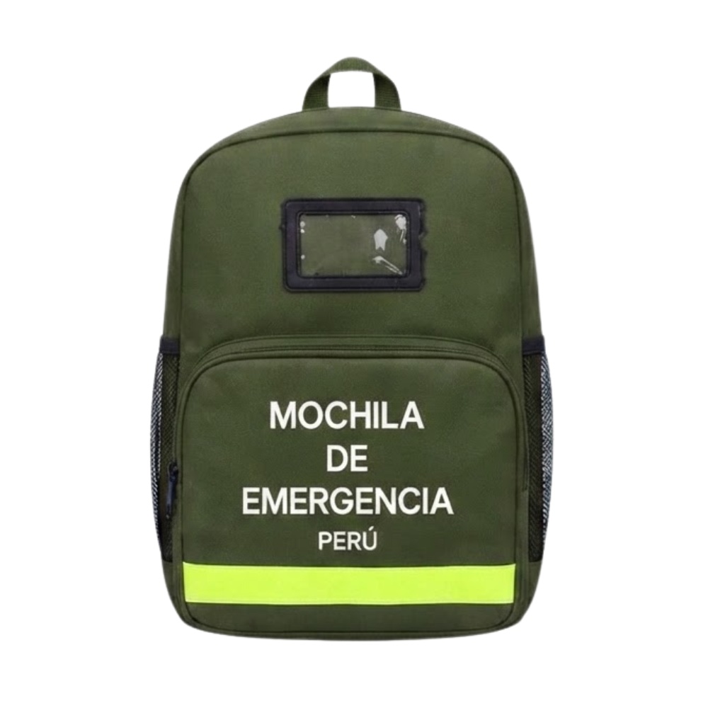 MINI MOCHILA DE EMERGENCIA CON TIRA REFLECTIVA COMPARTIMIENTO PARA NOMBRE 4 BOLSILLOS Y TIRANTES AJUSTABLES VERDE - 1