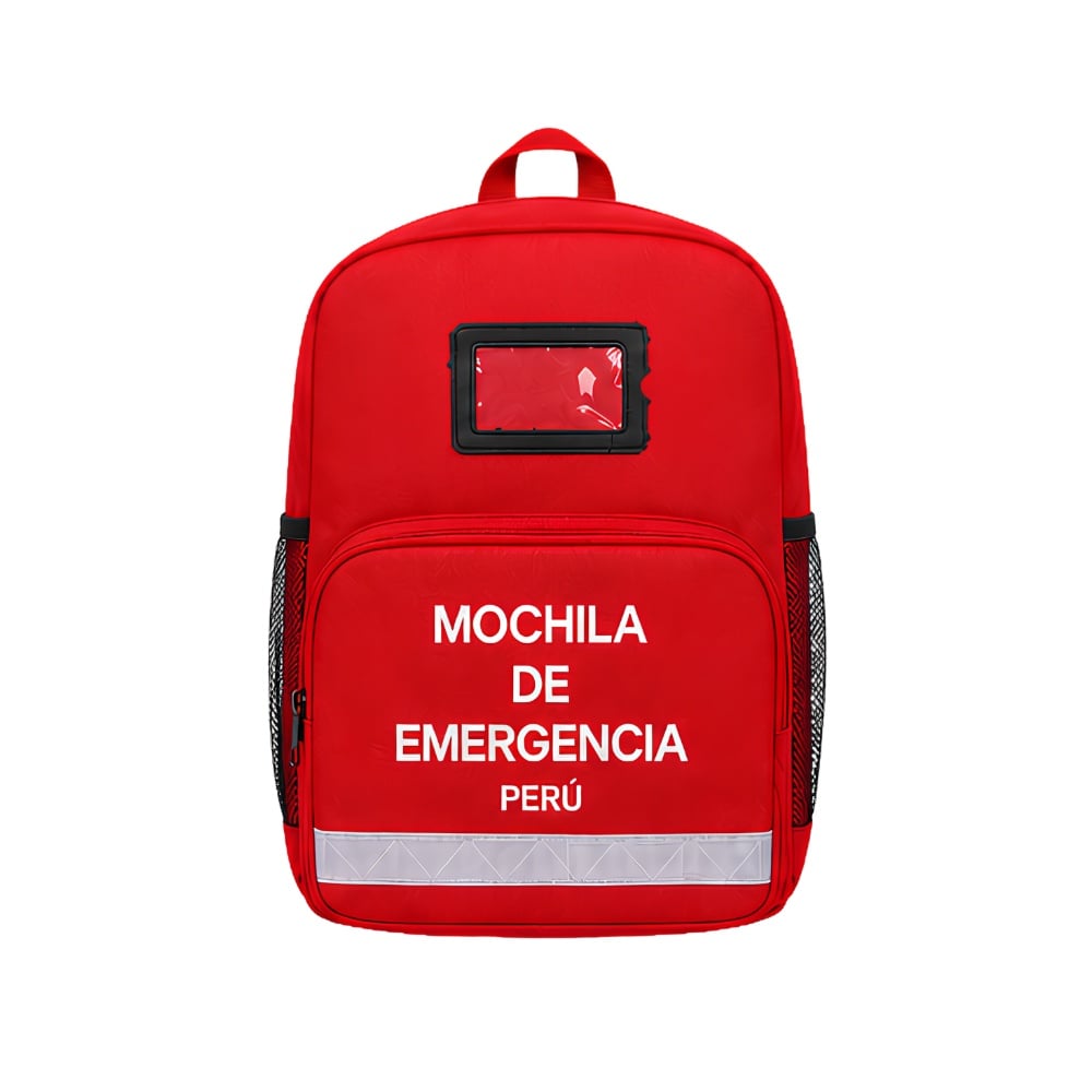 MINI MOCHILA DE EMERGENCIA CON TIRA REFLECTIVA COMPARTIMIENTO PARA NOMBRE 4 BOLSILLOS Y TIRANTES AJUSTABLES ROJO - 1