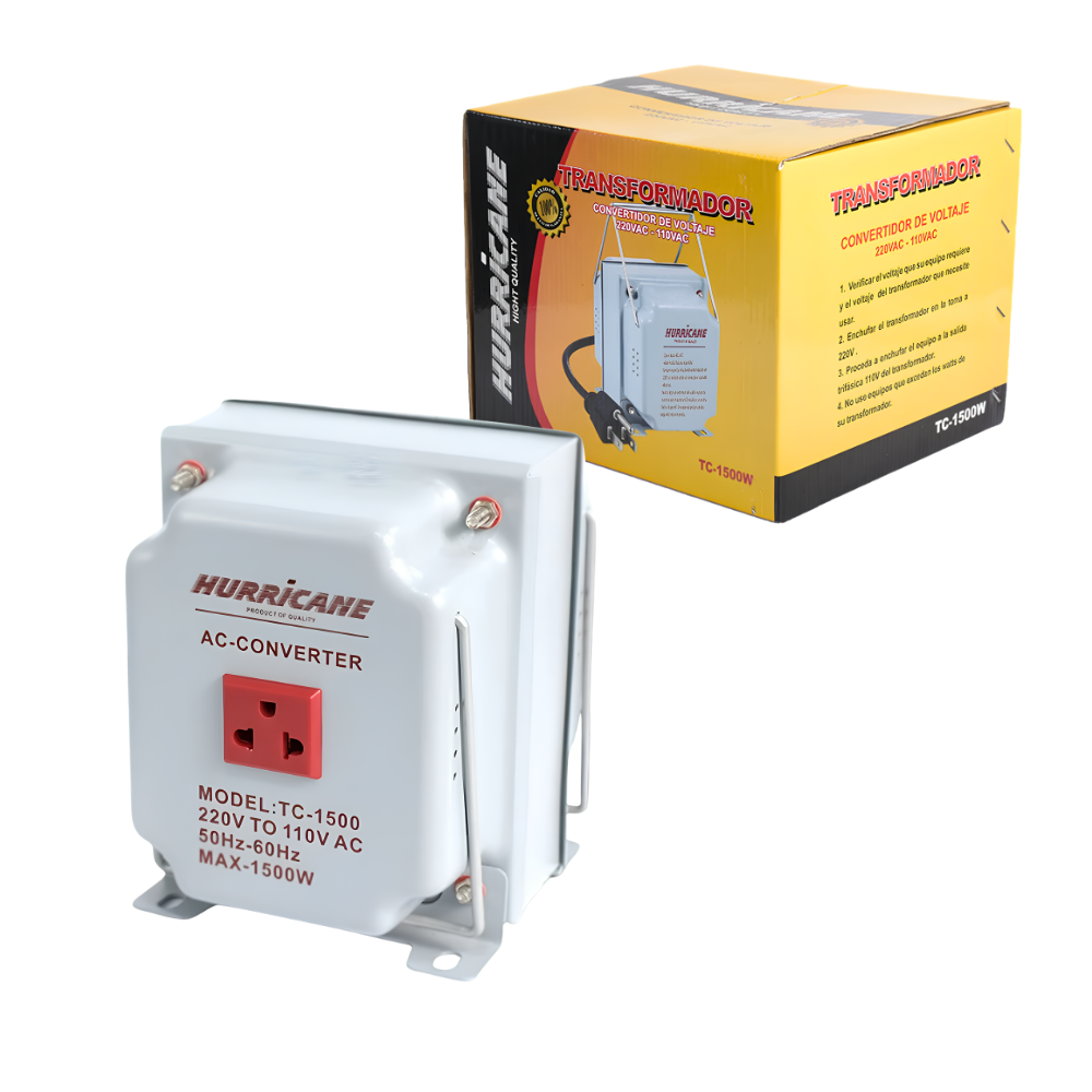 TRANSFORMADOR DE VOLTAJE DE 1500W CONVERSOR DE 220V AC A 110V AC CON TOMACORRIENTE UNIVERSAL HURRICANE TC-1500 - 1