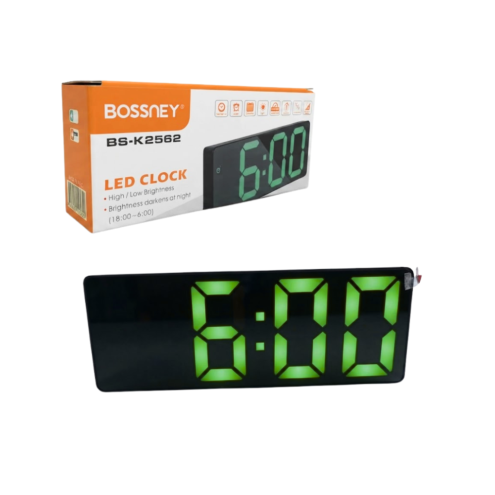 RELOJ DIGITAL PARA ESCRITORIO CON ALARMA FORMATO 12/24 HRS PANTALLA LCD VERDE BOSSNEY BS-K2562 - 1