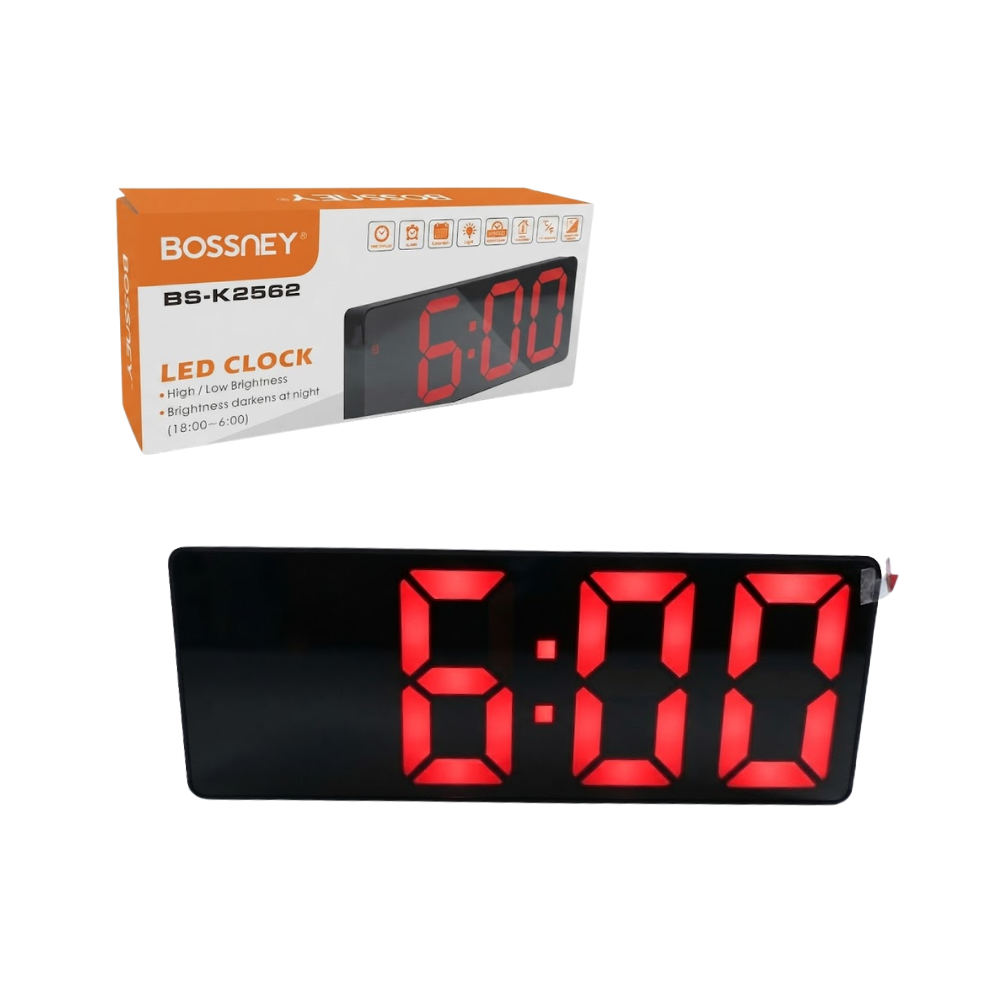 RELOJ DIGITAL PARA ESCRITORIO CON ALARMA FORMATO 12/24 HRS PANTALLA LCD ROJO BOSSNEY BS-K2562 - 1