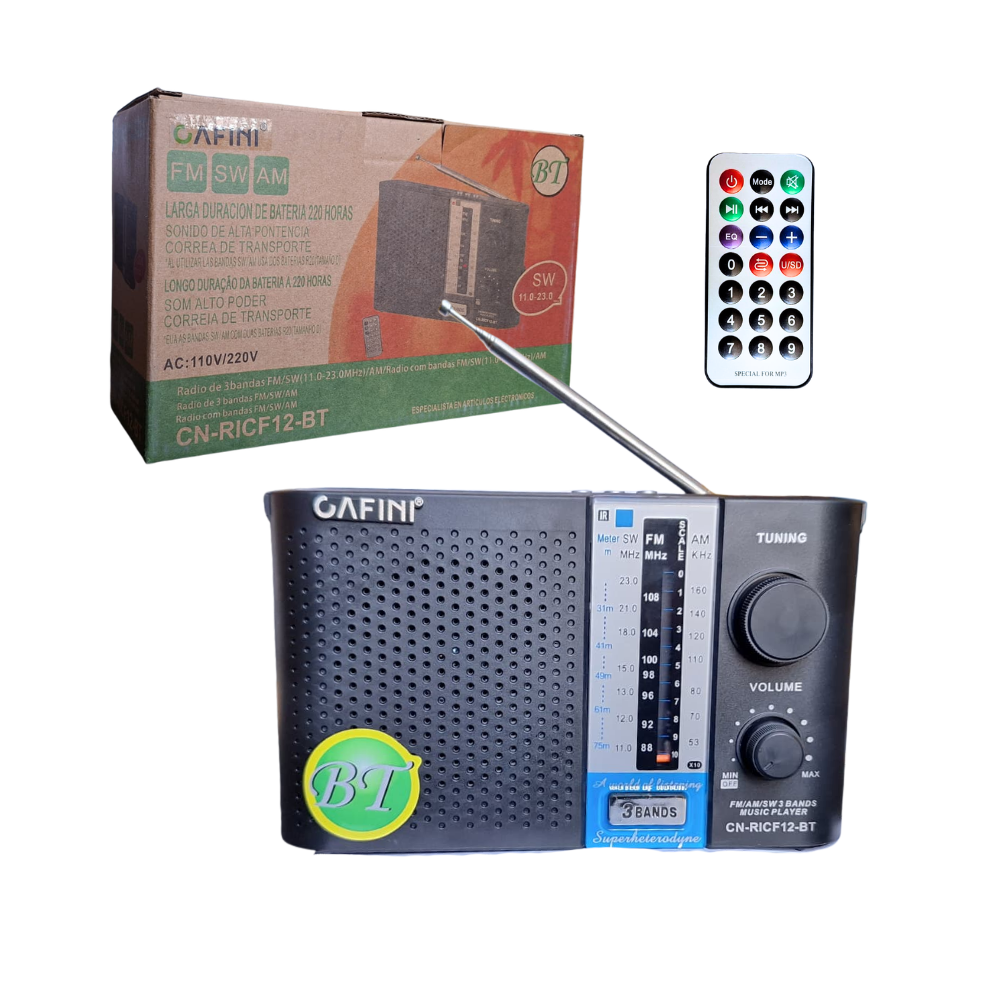 RADIO PORTATIL AM/FM/SW BLUETOOTH USB MICROSD AUX CONTROL REMOTO BATERIA O 2 PILAS D CAFINI CN-RICF12-BT - 1