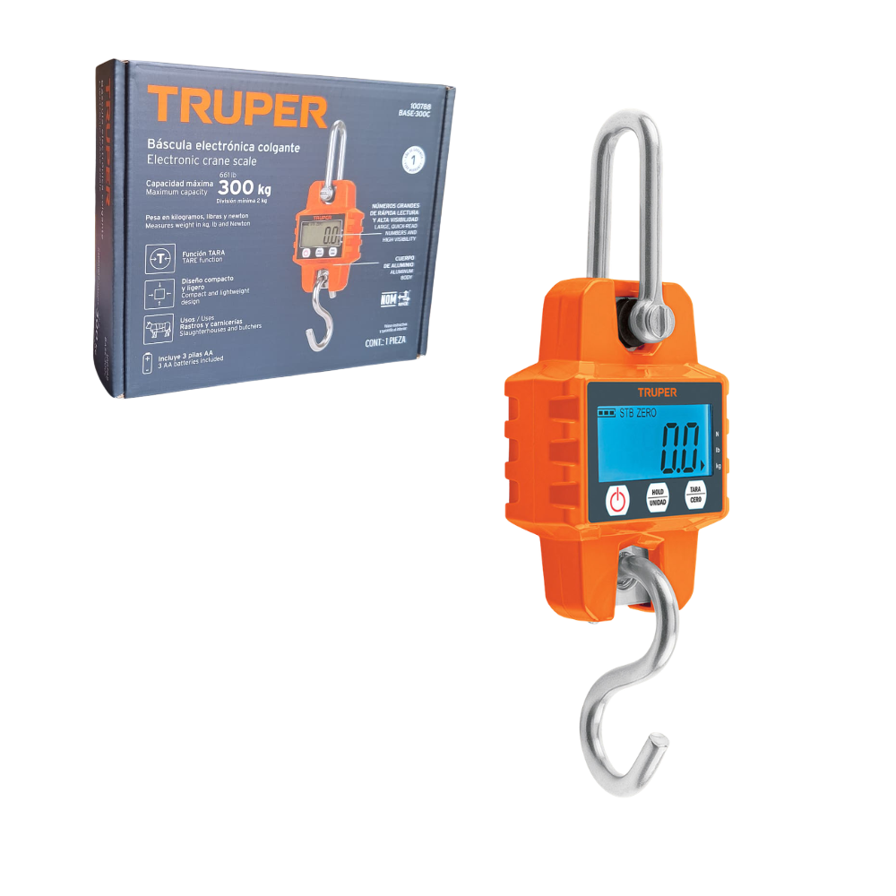 BALANZA COLGANTE ELECTRONICA 300 KG PANTALLA LCD RETROILUMINADA FUNCION HOLD GANCHO TRUPER BASE-300C - 1