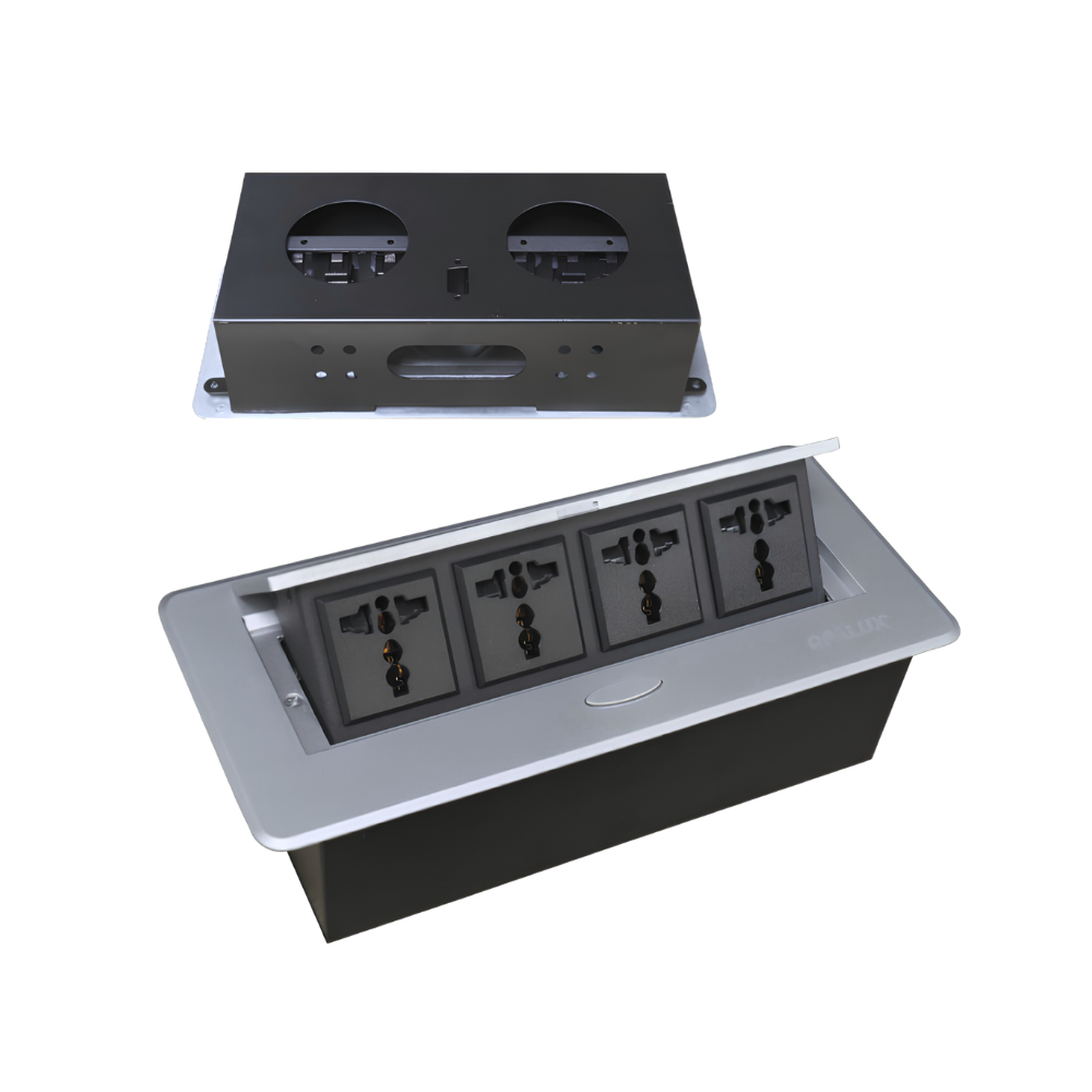 TOMACORRIENTE PARA MUEBLE COLOR PLATA 4 TOMAS UNIVERSALES TAPA DESLIZANTE 2500W EMPOTRABLE OPALUX OP-UTS4SL - 1