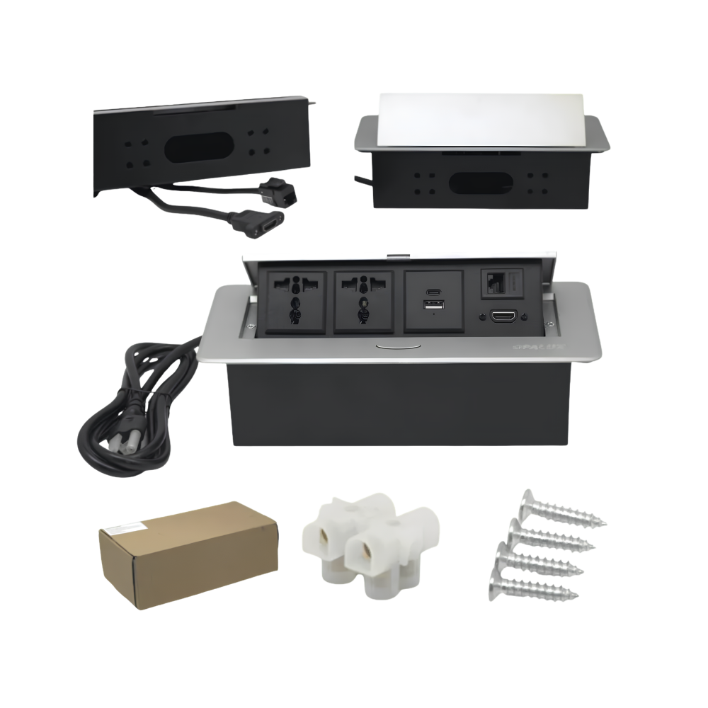 TOMACORRIENTE EMPOTRABLE PARA MUEBLE 2 TOMAS UNIVERSALES HDMI RJ45 CAT6 USB-C Y USB-A OPALUX OP-UTS4DG - 1