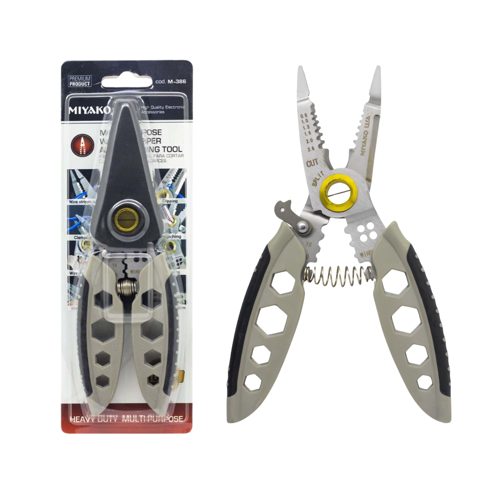 ALICATE PELACABLES CON SEGURO MULTIFUNCIONAL CABLES AWG 20 A 10 PELADO ENGARZADO ENROLLADO MIYAKO M-386 - 1