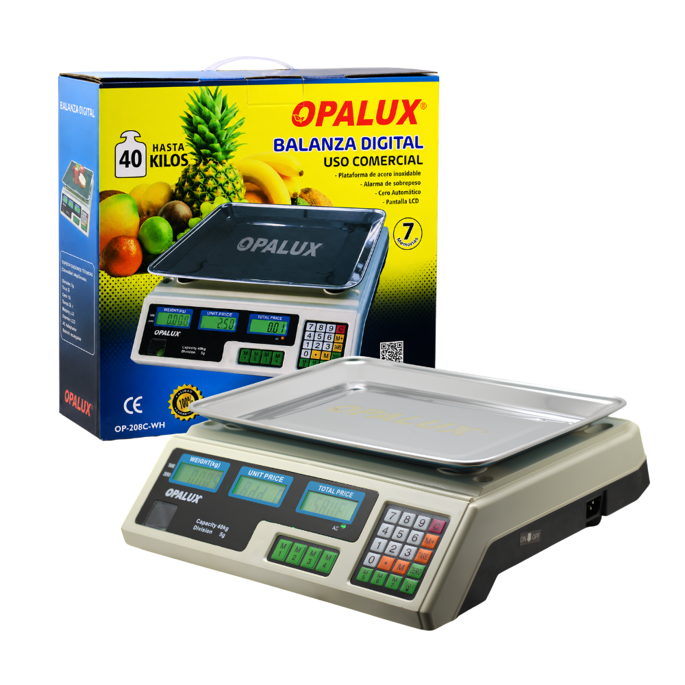 BALANZA ELECTRONICA COMERCIAL BANDEJA OVALADA ACERO INOXIDABLE 40 KG LCD DOBLE OPALUX OP-208C-WH BLANCO - 1