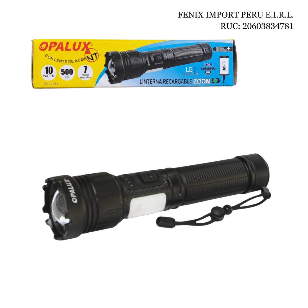 LINTERNA TACTICA Y LAMPARA RECARGABLE ZOOM LED 10W 500 LUMENES USB-C POWER BANK BASE MAGNETICA OPALUX OP-802D - 2