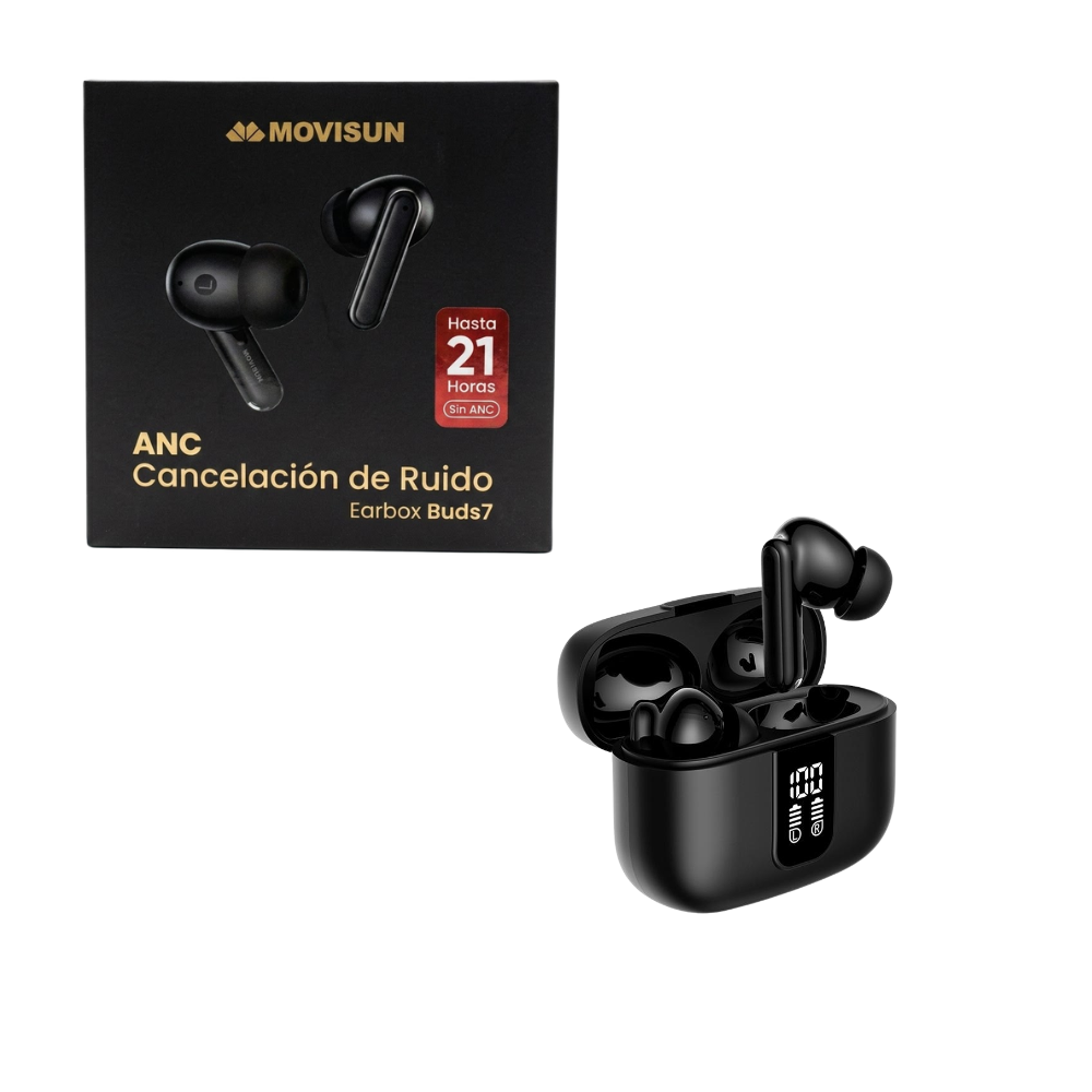 AUDIFONOS INALAMBRICOS BLUETOOTH CANCELACION ACTIVA DE RUIDO ANC PANTALLA DIGITAL 21 HORAS AUTONOMIA MOVISUN EARBOX BUDS7 - 1