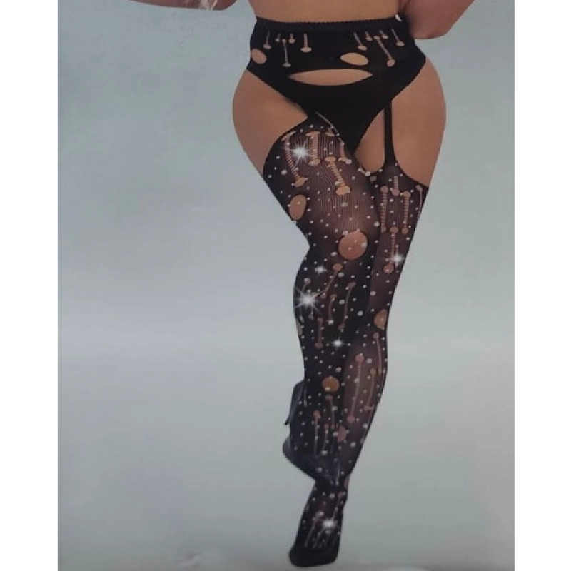 LIGUERO CON MEDIAS MUJER NEGRO DE ENCAJE CON BRILLO MODELO 1 - 1