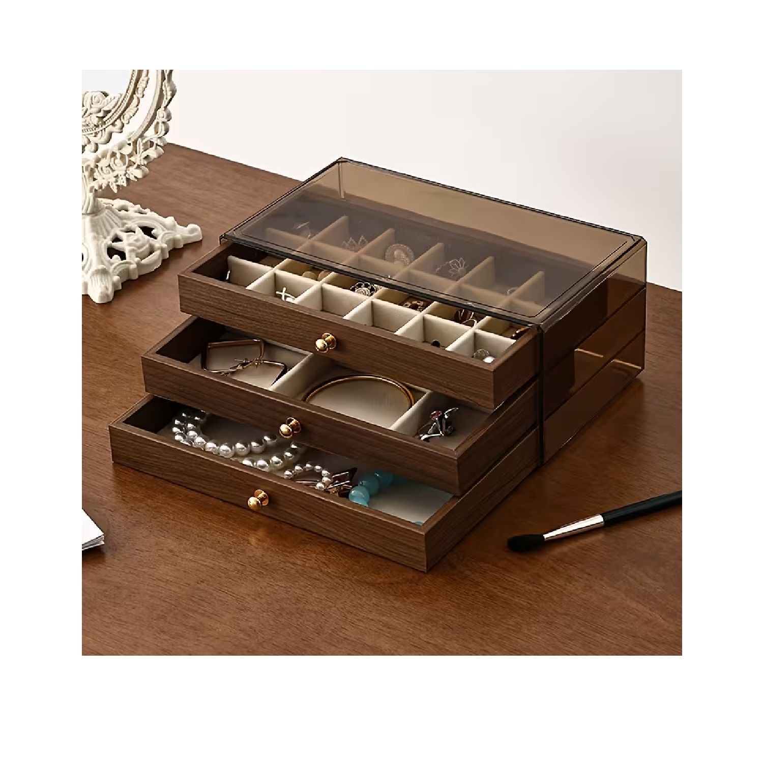 ORGANIZADOR DE JOYAS 3 NIVELES COLOR NOGAL - 2
