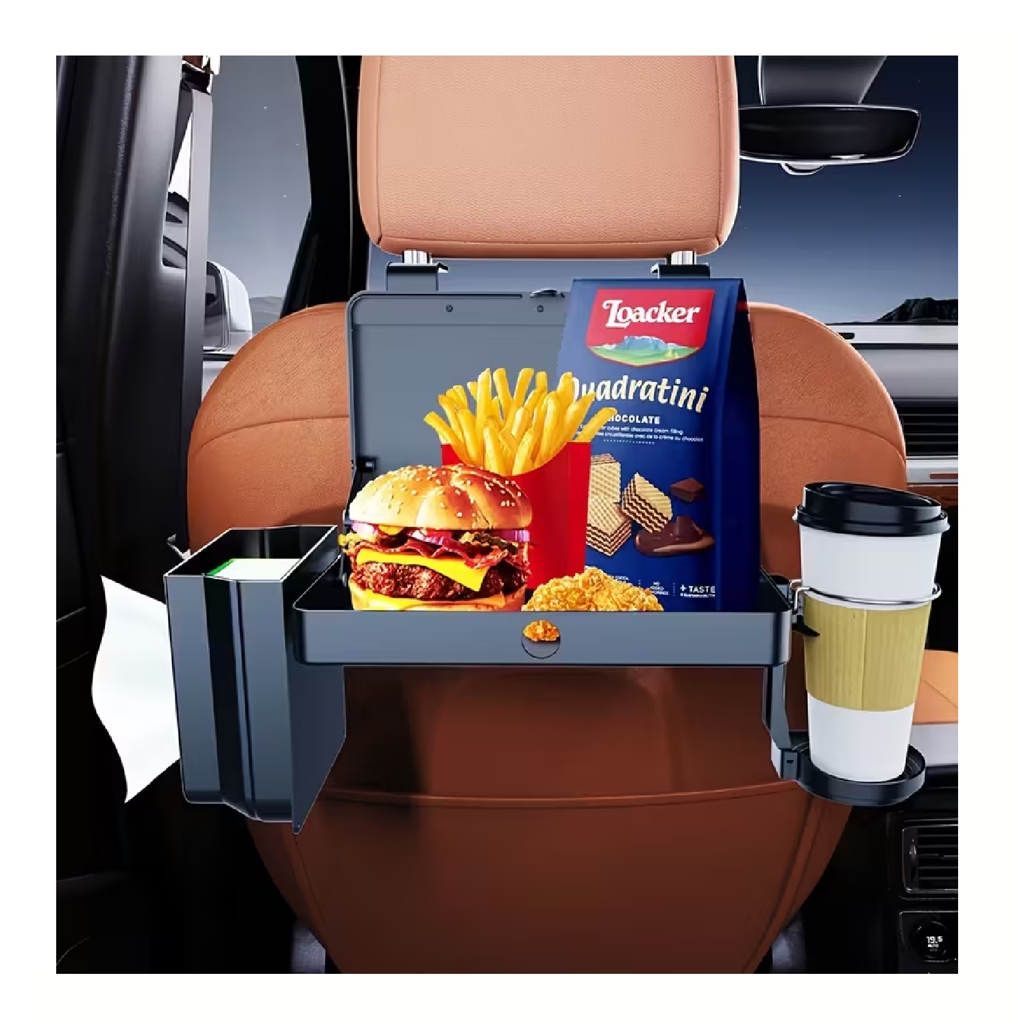 ORGANIZADOR PARA ASIENTO DE AUTO CON BANDEJA PLEGABLE,PORTAVASOS Y SOPORTE PARA CELULAR - 3