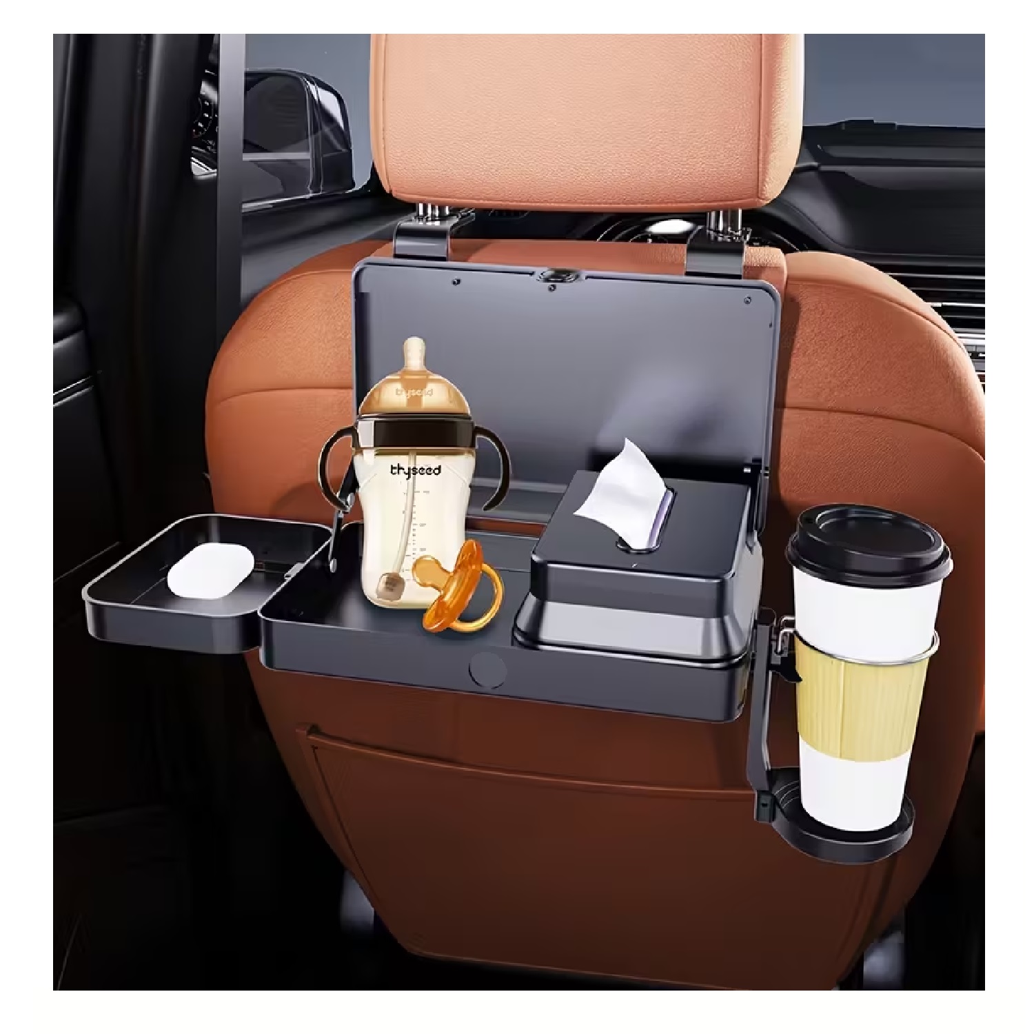 ORGANIZADOR PARA ASIENTO DE AUTO CON BANDEJA PLEGABLE,PORTAVASOS Y SOPORTE PARA CELULAR - 4