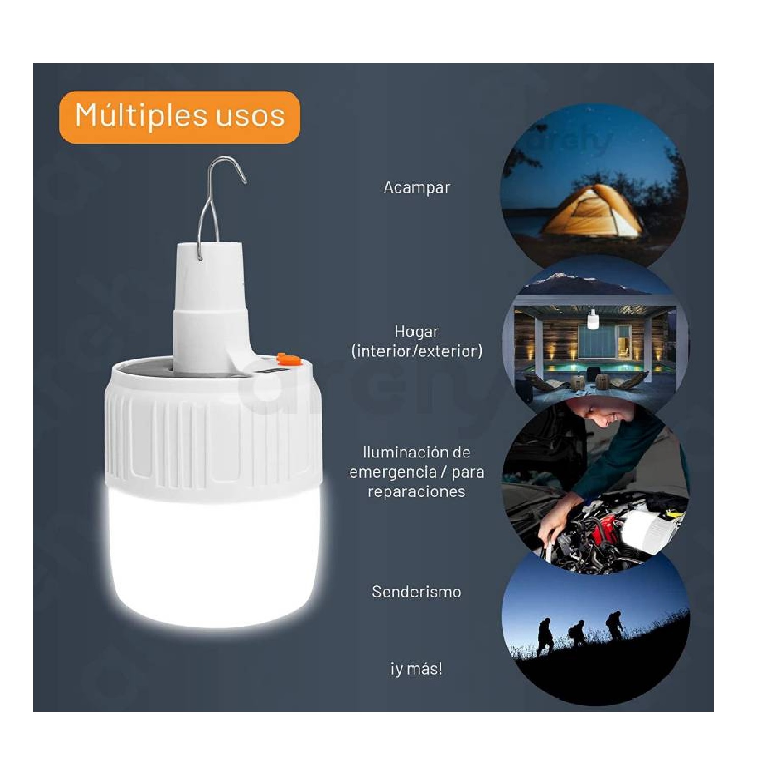 FOCO BOMBILLA LED SOLAR RECARGABLE 50W CON CARGA USB - 6