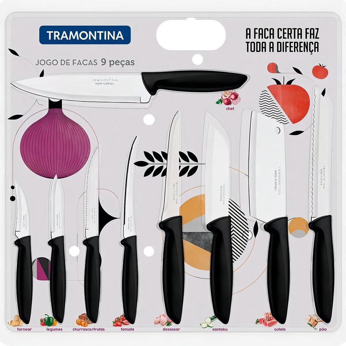 SET DE CUCHILLOS TRAMONTINA PLENUS EN ACERO INOXIDABLE Y MANGOS POLIPROPILENO NEGRO 9 PIEZAS - 1